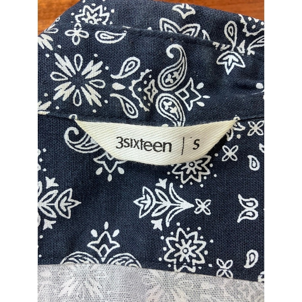 3sixteen Mens Small Navy Blue Bandana Paisely Print Cotton Linen Shirt Made USA - Picture 4 of 13